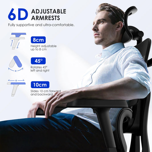 AUTHMIC Premium Ergonomischer Bürostuhl mit 6D-verstellbaren Armlehnen, 3D-Kopfstütze, 3-Zonen-Rückenlehne, 200 kg Tragkraft, Liegestuhl 90 ° -160 °