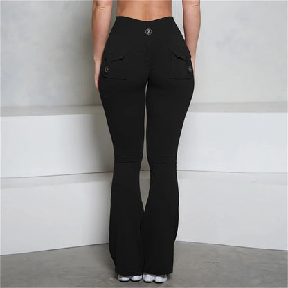 Allure The Brand Pocket Flare Scrunch Butt Pants ATB Women Tight-Fit Sexy Slim High Waist Pants Push Up Fitness Flare Leggings