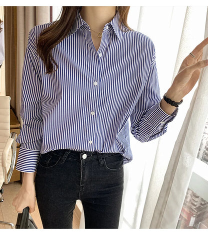 1pcs Woman Four Season Stripe Shirts Lady Casual Long Sleeve Turn-down Collar Loose Shirt Female Business Attire Korean Tops.