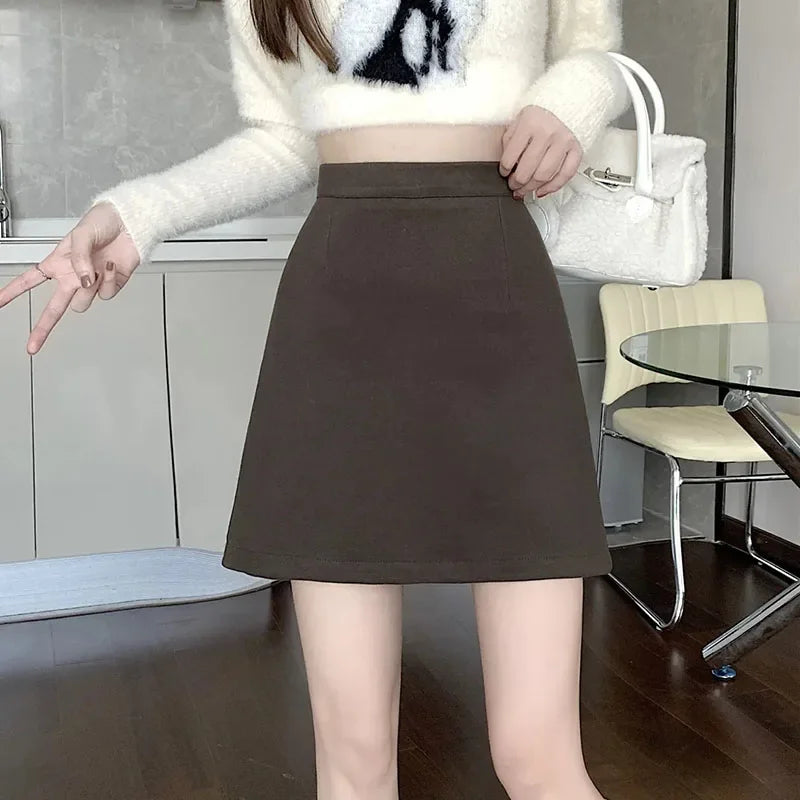 Autumn Winter Womens Woolen Skirt 2024 New Korean Style High Waist Bodycon Mini Skirts Ladies College Style Zipper A-Line Skirt.