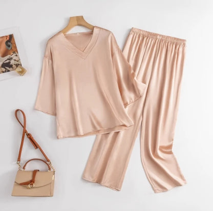 Women 100% Pure Mulberry Silk Charmeuse Silk V Neck Pajama Set Casual Loose Sleepwear Nightwear L XL SQ001.