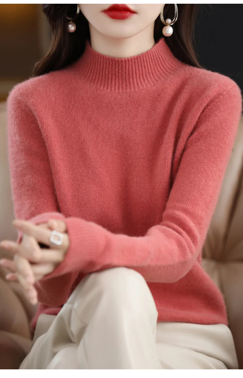 Herbst Winter Frauen Pullover Koreanische Mode Warme Bodenbildung Shirts Halb Hohe Kragen Grundlegende Strickwaren Solide Langarm Pullover.