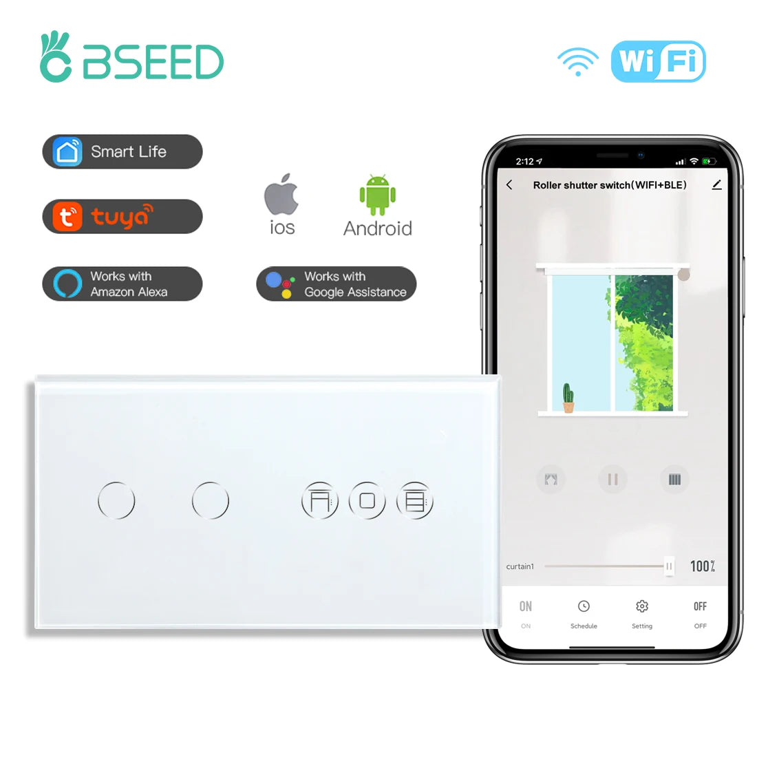 BSEED Wifi Shutter Schalter APP Control Led Smart Blind Serie Weiß Glas Panel Unterstützung Tuya Google Smart Leben Rollladen