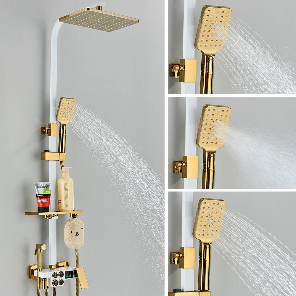 Black Thermostatic Shower Faucet Set For Bathroom Smart Display Hot Cold Water Mixer Tap Wall Mounted Rainfall System With Bidet