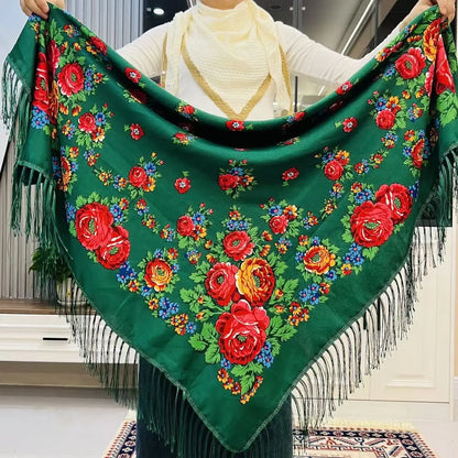 120*120cm Russian National Square Scarf Women Luxury Floral Print Fringed Ukrainian Shawls Scarves Ladies Head Wraps Bandana.