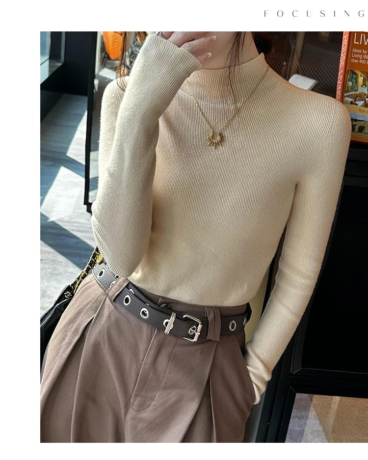 Gestricktes Hemd Frauen Pullover Pullover Bodenbildung Shirts Herbst Winter Weibliche Lange Hülse Mock Neck Elastische Dünne Pullover Stricken Tops.