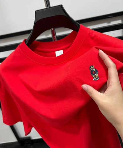 Light luxury 100% cotton men's T-shirt short sleeve round neck skin friendly comfort fashion brand cartoon bear embroidered top