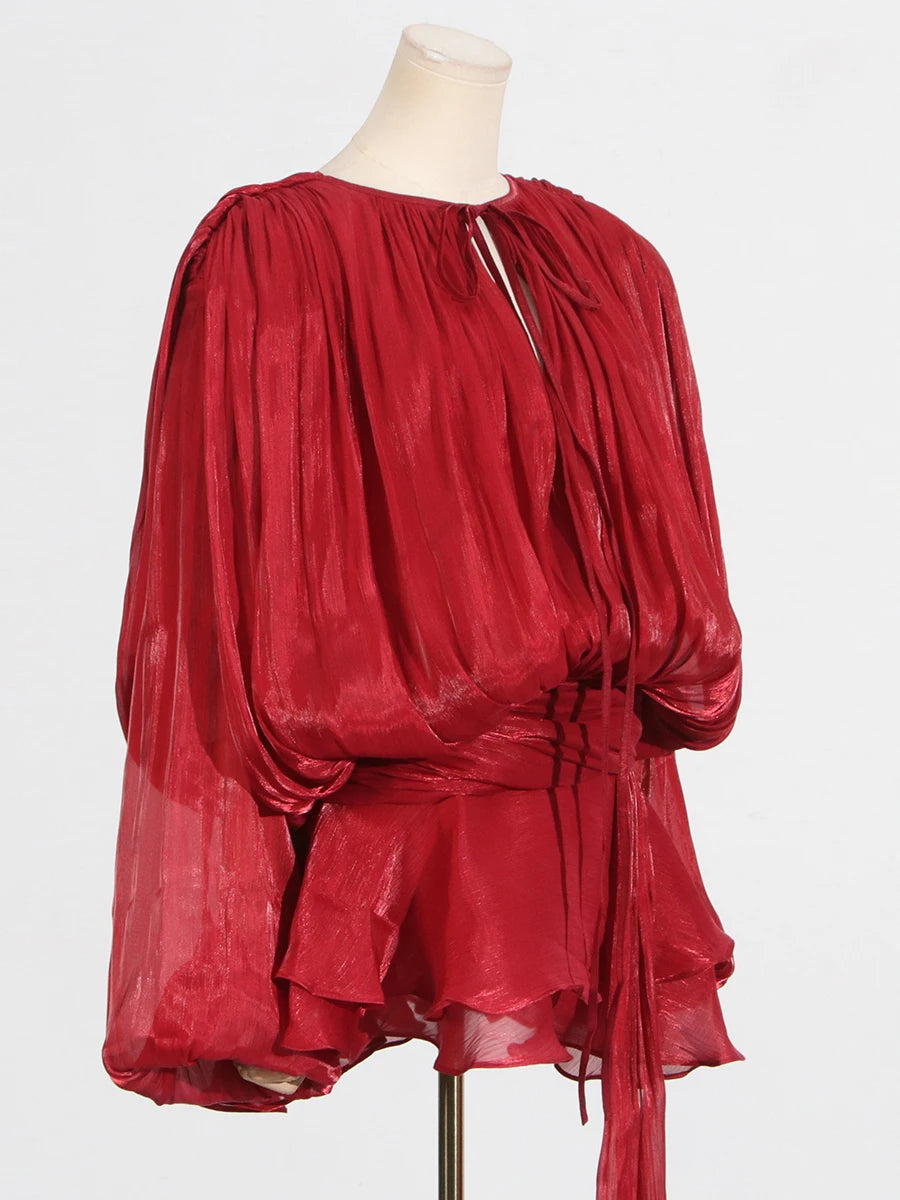 GALCAUR Solide Lose Splicd Lace Up Kleider Für Frauen V-ausschnitt Mit Langen Ärmeln Patchwork Rüschen Tunika Kleider Weibliche Mode Neue.