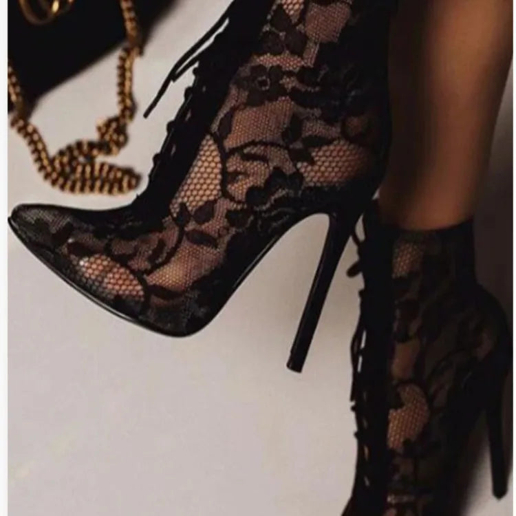 2025 New Black Mature Mesh Women Boots High Heel Pumps Floral Lace-Up Thin High Heels Ankle Pointed Toed Party Wedding Shoes.