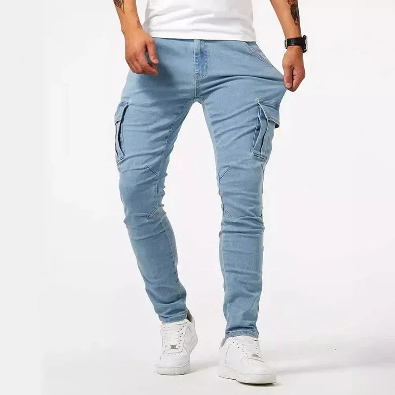 Men Casual Pencil Jeans Male Elastic Multi Pocket Small Slim High Street Denim Pants Wash Solid Color Mid Waist Cargo Jeans.