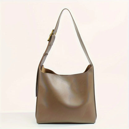 Women's Fashion Tote Bag, Minimalist Shoulder Handbag, Retro Faux Leather Bucket Bag, Polyurethane Lining, No Print.