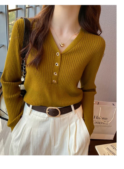 2025 Autumn Winter Women Sweaters Casual Slim Button Knitted Pullover Sweater Femme Basic Solid Jersey Tops Fashion Clothes