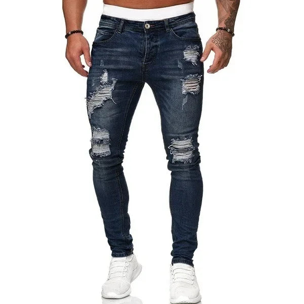 Zerrissene mittlere Taille Slim Fit Herren Jeans Vintage Denim Punk Wash Solid Punk Style Skinny Bleistifthose Distressed Holes Knöchellänge.