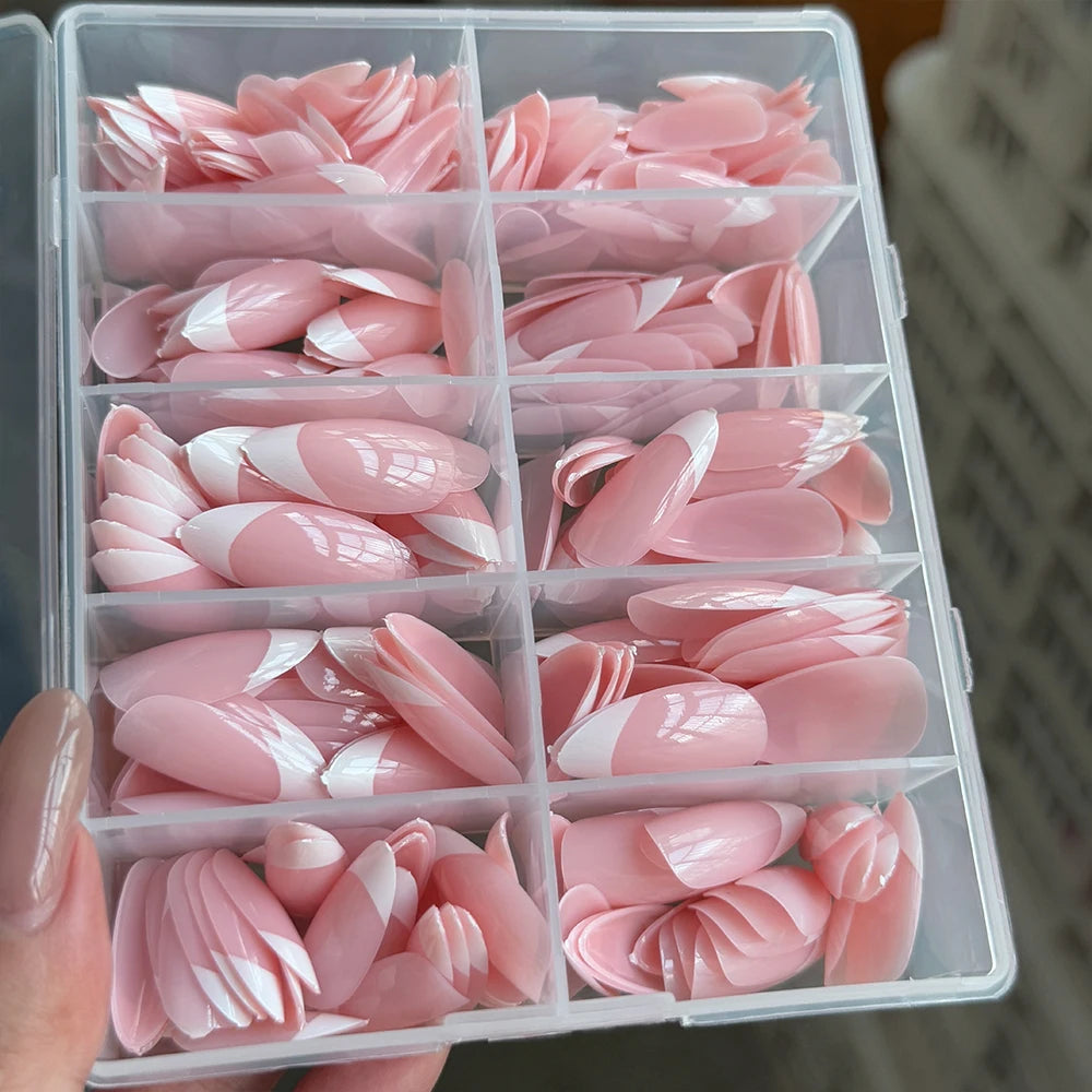 360/240/120pcs Light Pink Almond Press On Nails Glossy White French Fake Nail Simple Full Cover Fake Nails Soft Gel Nail Tips*%&.