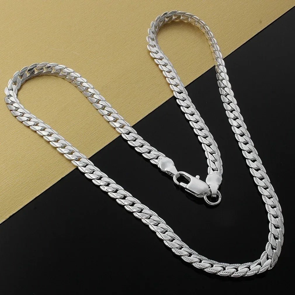 925 Sterling Silver 2 Piece Full Side Chain Necklace Bracelet Women Men Fashion Jewelry Set Wedding Gift.