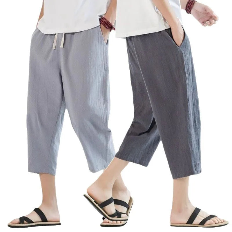 2025 new summer men's casual imitation linen seven quarter pants, thin solid color cut pants, fashionable hip-hop street sports.
