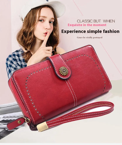 Fashionable new hollow out coin purse for women's oily leather phone bag, long zipper handbag,coin bag Triple fold ladies wallet.