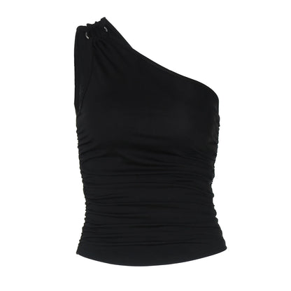 Hugcitar Women'S Fashion Sexy One Shoulder Solid Ruched Sexy Crop Tank Top Summer Clothes Streetwear Party Festival Wholesale.