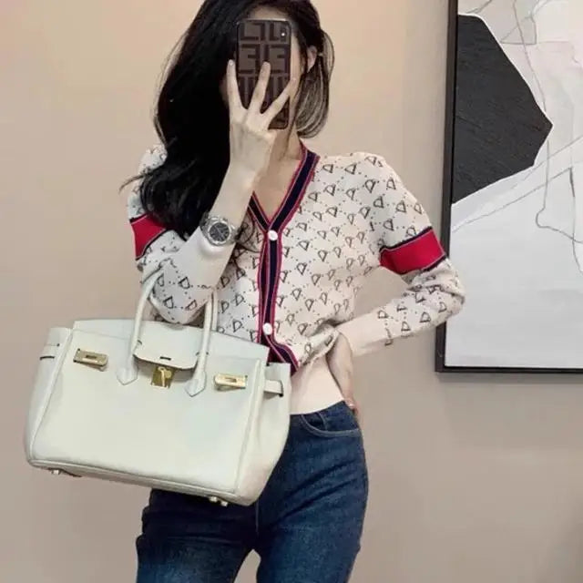 Women Knitwear Fashion Letter Jacquard Thin Cardigan Spring Slim Y2K V-neck Long Sleeve Tops Commute Vintage Sweaters.