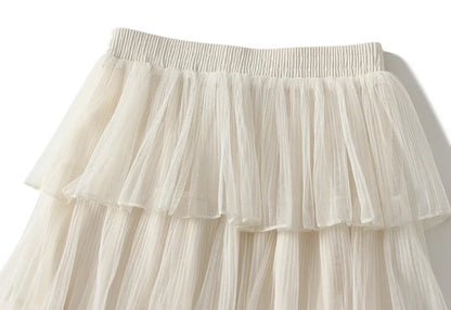 Beiyingni Woman Mesh Long Midi Cake Skirt Solid Color Elegant French Tiered Fairy Tulle Skirts Khaki Casual High Waist Faldas.