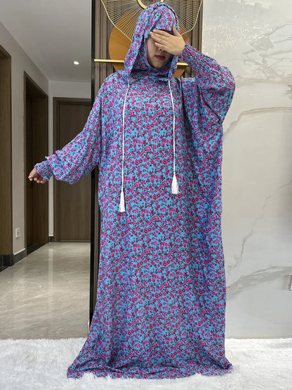 New Ramadan Muslim Two Hats Abaya Dubai Turkey Islam Prayer Clothes Floral Cotton Long Dress Islam Women Dress Kaftan