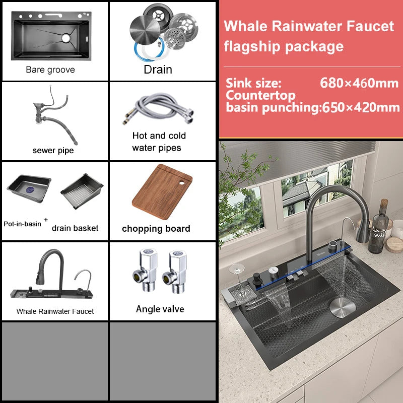 Silver Waterfalls Stainless Steel Kitchen Sink Multifunction Intelligent Digital Display Temperature Household Large Single Slot