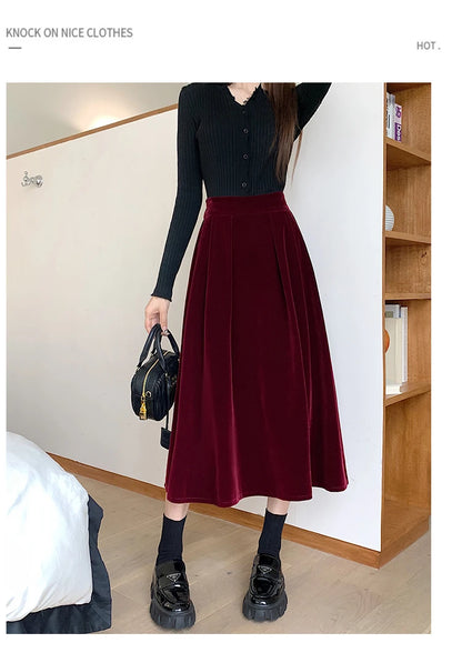 Autumn Winter Warm Vintage Red Elegant Velvet A-line Skirt For Women 2023 High Waist Casual Black Party Pleated Big Swing Skirts.