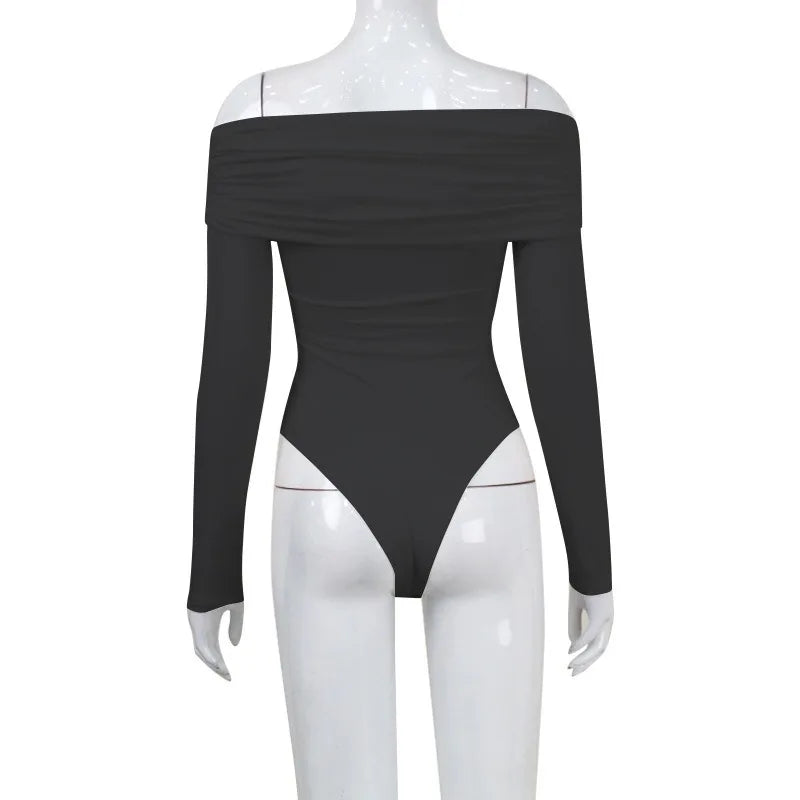 Y2K Women Sexy Off Shoulder Bodysuit Solid Color Long Sleeve Skinny Romper Crossed Folds Fashion Streetwear Autumn