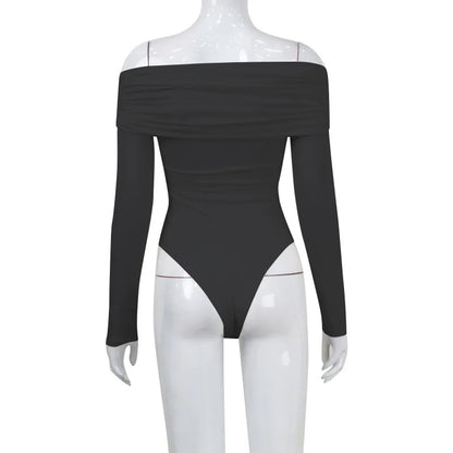 Y2K Women Sexy Off Shoulder Bodysuit Solid Color Long Sleeve Skinny Romper Crossed Folds Fashion Streetwear Autumn