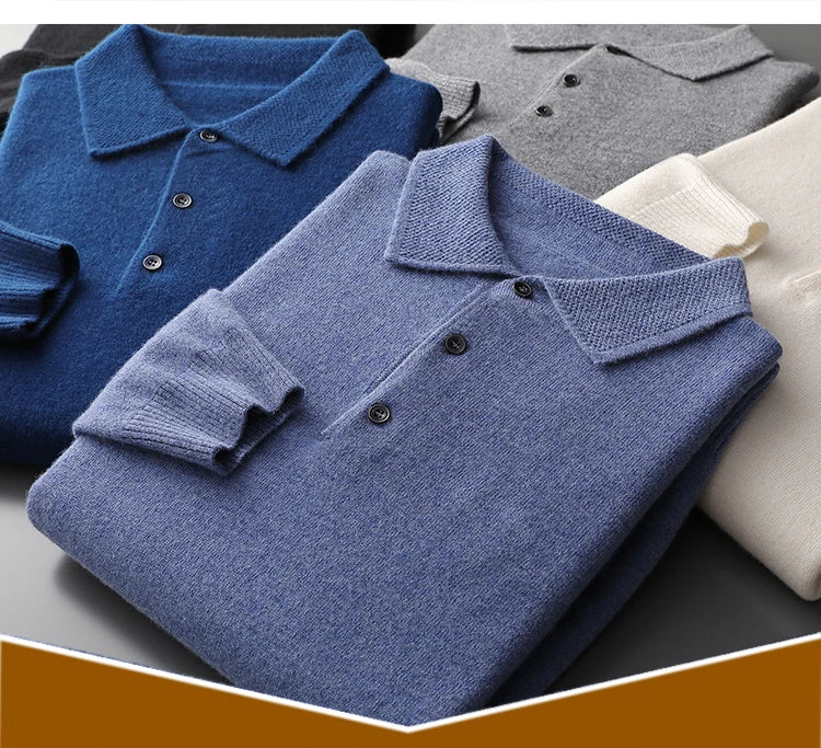 2025 Men's Autumn And Winter 100% Merino Pure Wool Knitted Sweater Men's Business Casual Knitted Polo Collar Pullover Top YJ1815.