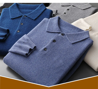 2025 Men's Autumn And Winter 100% Merino Pure Wool Knitted Sweater Men's Business Casual Knitted Polo Collar Pullover Top YJ1815.