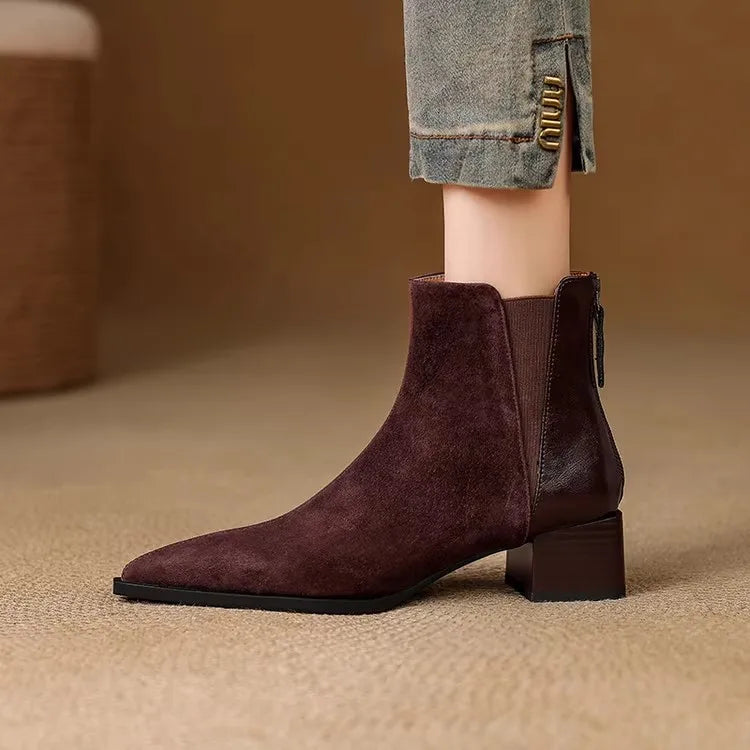 Autumn Winter Women Thick Heel Ankle Boots Elegant Back Zippers Shoes Modern Leather Suede Splicing Short Botas Para Mujer.