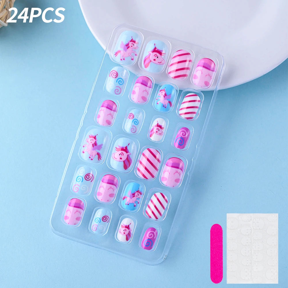 24Pcs/box Kids nails for Girl Cartoon Pattern False Nail Cute Child Fake Nails Tips Kawaii Acrylic Artificial Press on Nail+Tool