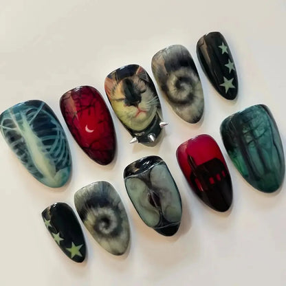 10pcs Dark Black Style Handmade Fake Nails Y2k Star Horor Foreat Designs Press On Nails Halloween Wearable Almond False Nail.