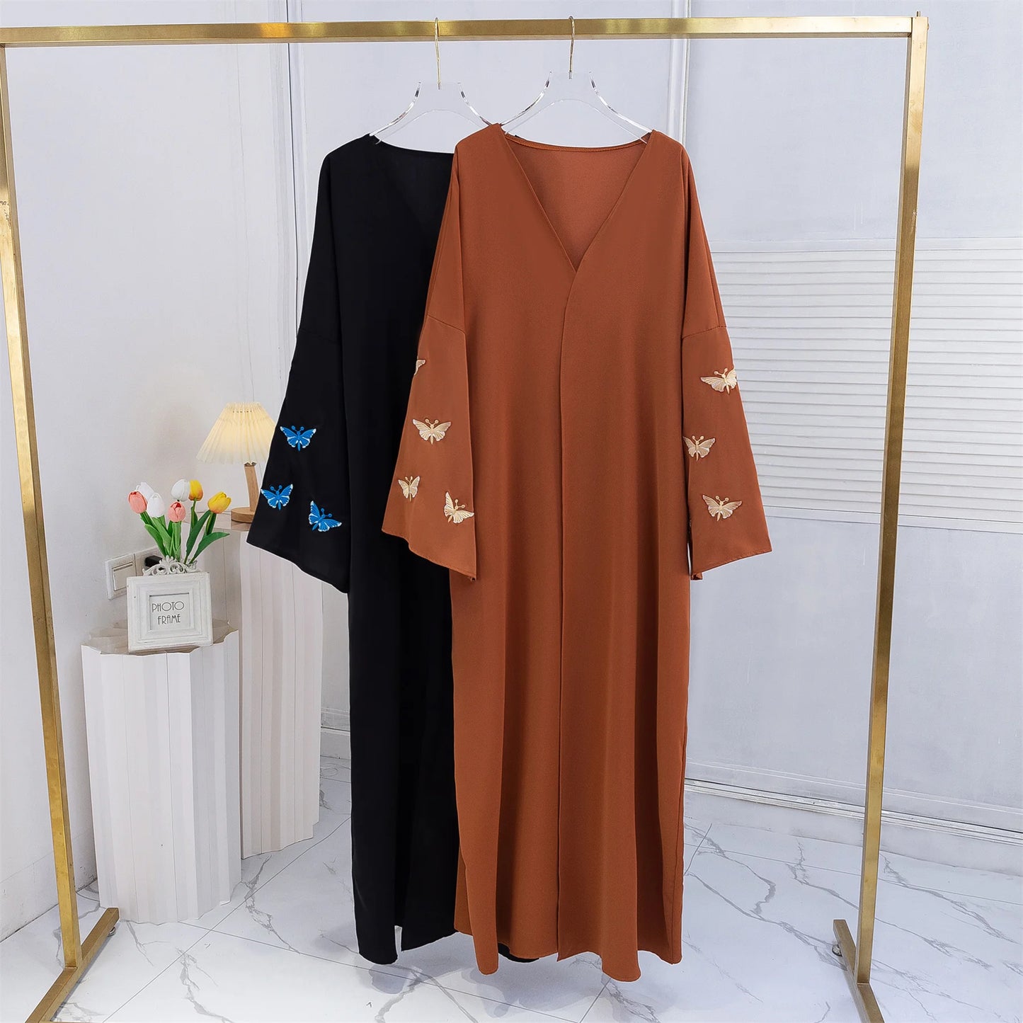Butterfly Embroidery Open Front Abaya Women Long Sleeve Maxi Length Dress Muslim Abayas Kaftans Women Jilbabs Women's Clothing.