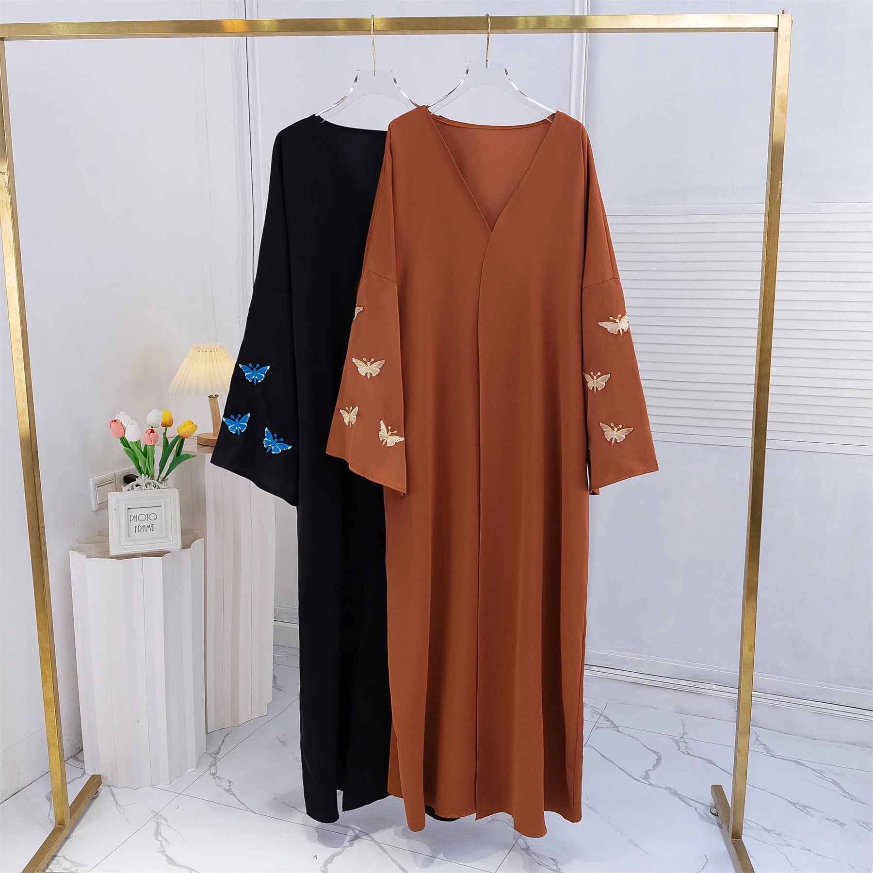 Butterfly Embroidery Open Front Abaya Women Long Sleeve Maxi Length Dress Muslim Abayas Kaftans Women Jilbabs Women's Clothing.