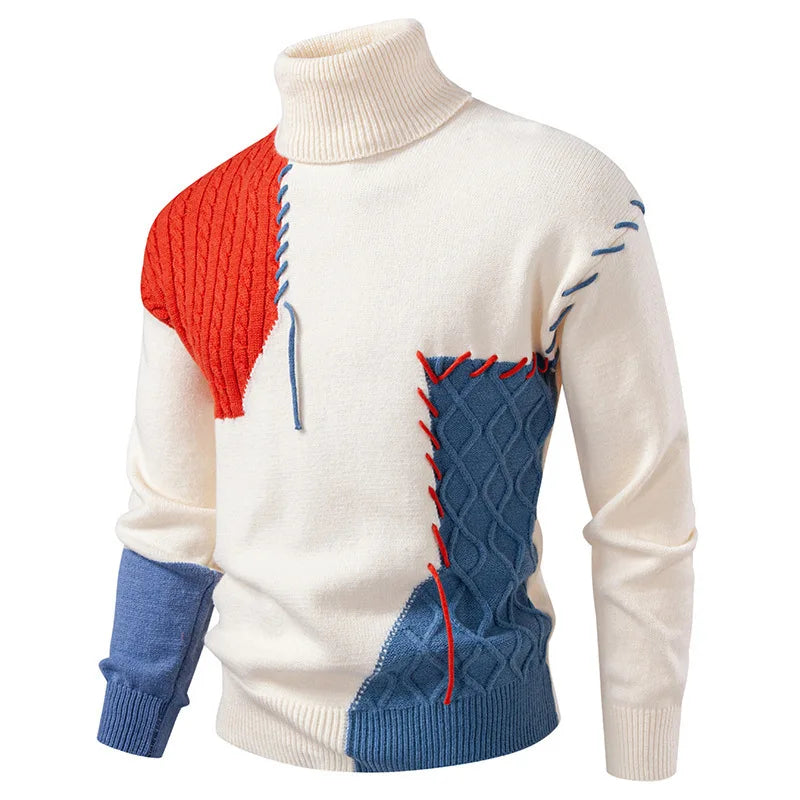 #8624 Autumn Winter Sweater Men Spliced Color Turtleneck Sweater Male Bandage Streetwear Pullover Sweater Man Teenager.