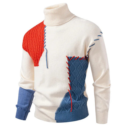 #8624 Autumn Winter Sweater Men Spliced Color Turtleneck Sweater Male Bandage Streetwear Pullover Sweater Man Teenager.