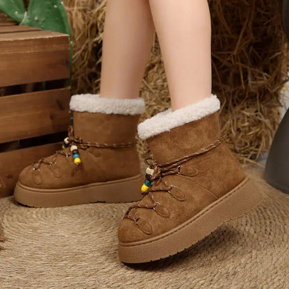 Chunky Platform Non Slip Furry Snow Boots Women 2025 Winter Soft Thick Bottom Warm Plush Ankle Boots Colorful Bead Lace Up Shoes.