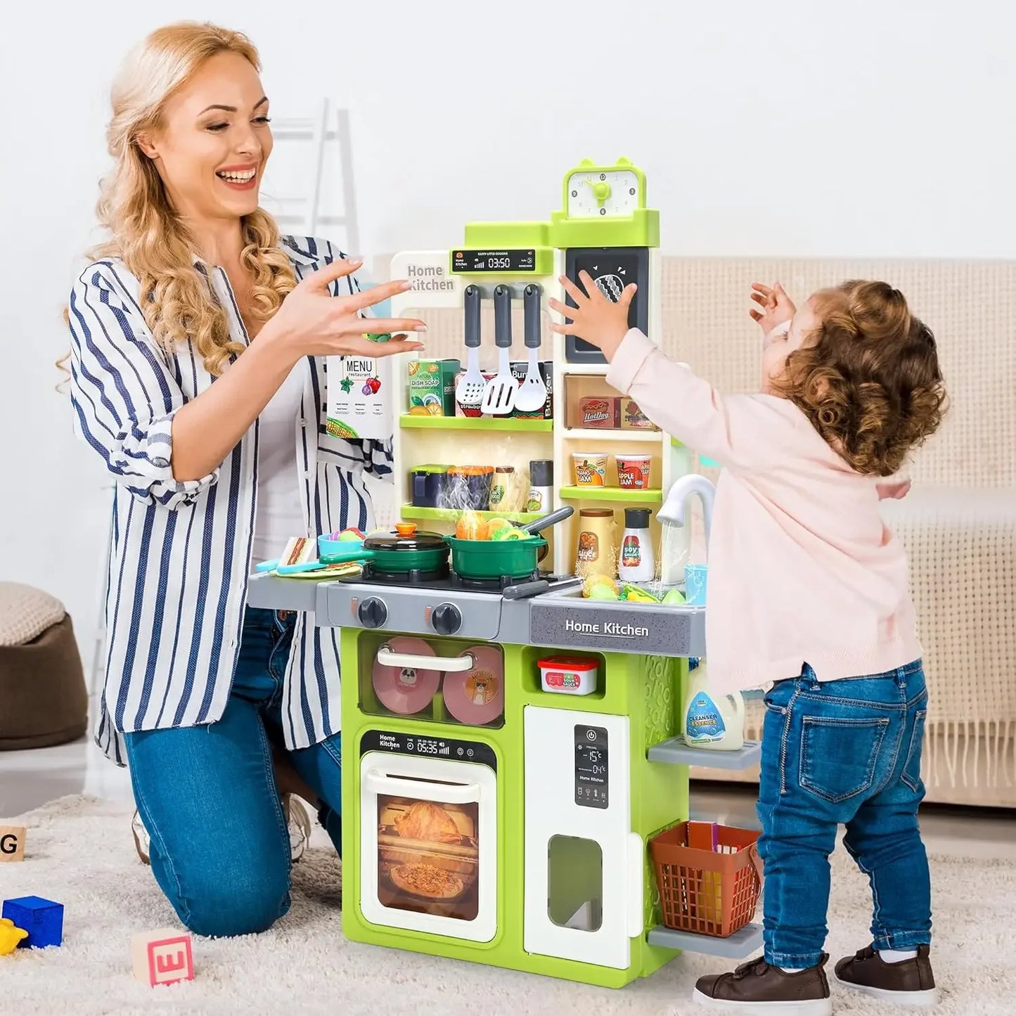 Kids Kitchen Playset Pretend Play Kitchen with Sounds & Lights Cooking Stove Steam Play Sink Food Toy Set Gift for Kids Toddlers.