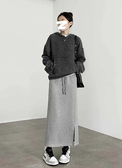 Women's Gray Split Midi Skirts Elasticity Waist Casual Loose Long Skirts Female Autumn Winter Thicken Plus Velvet Straight Skirt.