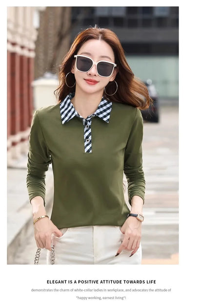 European station lapel long sleeved t-shirt women's new high-end fashion light luxury casual plus size spring and autumn top.
