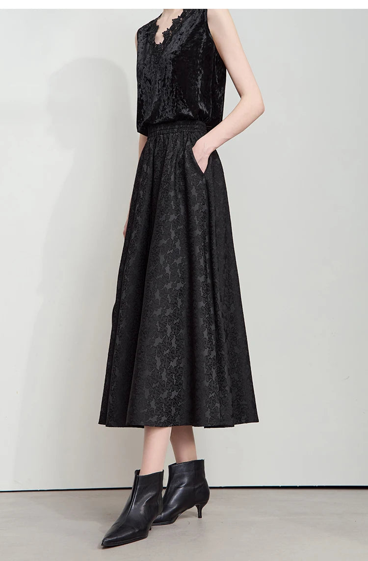 AMII 2025 Arrival Autumn Black A-line Women Skirt  Luxury Style Simple Elegant Elastic Waistband Offcial Lady Blouse 12523037.