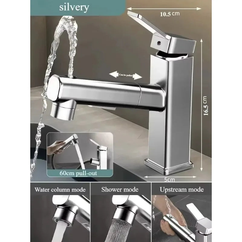 Pull Out Bathroom Faucet Hot and Cold Water Mixer Basin Sink Three Mode Water Outlet Faucet Washbasin Tap