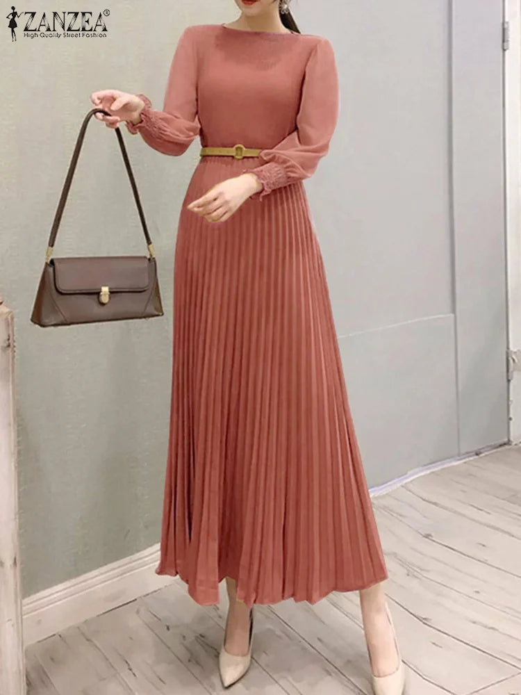 ZANZEA Elegantes Damen-Plisseekleid, edel, gesmokte Bündchen, langärmelig, O-Ausschnitt, Fit und Flare, lang, Vestidos, Pendeln, solide Party-Roben.
