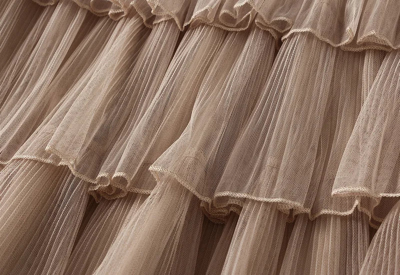 Beiyingni Woman Mesh Long Midi Cake Skirt Solid Color Elegant French Tiered Fairy Tulle Skirts Khaki Casual High Waist Faldas