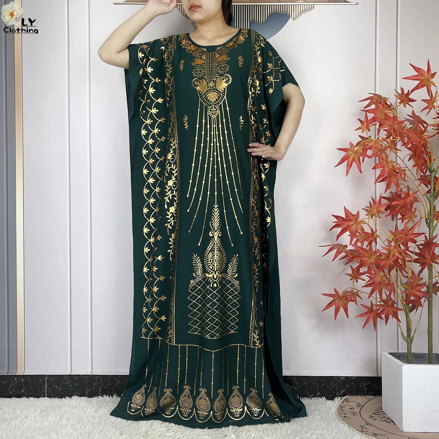 2023 New Muslim Summer Short Sleeve Robe Gold Stamping Boubou Maxi Women Femme Loose Dress With Big Scarf African Abaya Clothes.
