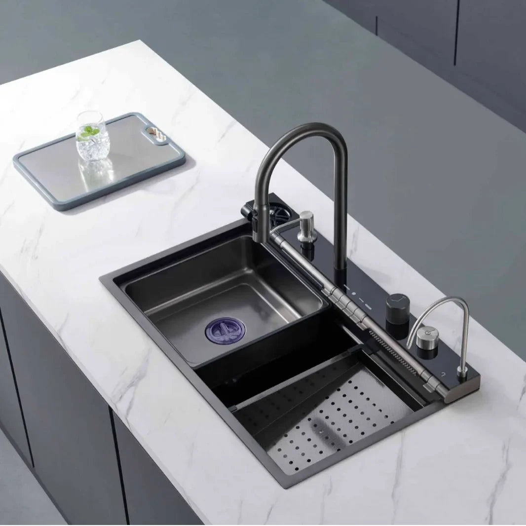 304 Edelstahl Wasserfall Küchen spüle große Einzels chlitz integrierte Digital anzeige Wasserhahn Set Seifensp ender Tasse Waschmaschine