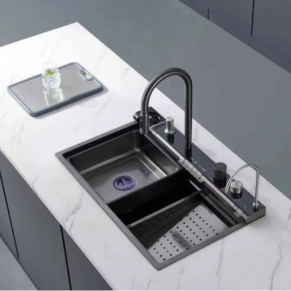 304 Edelstahl Wasserfall Küchen spüle große Einzels chlitz integrierte Digital anzeige Wasserhahn Set Seifensp ender Tasse Waschmaschine