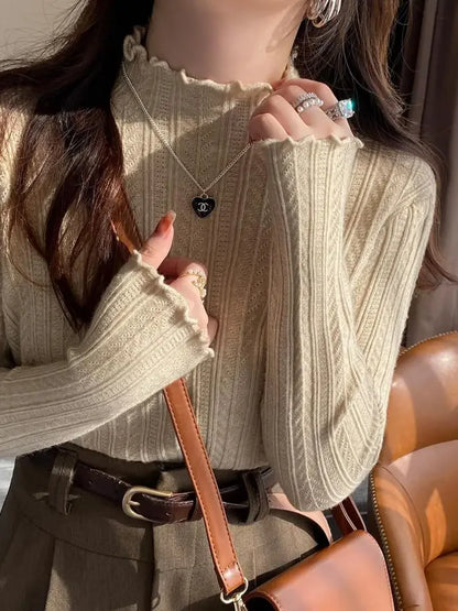 2025 Korea Geraffte Rollkragen Frauen Pullover Herbst Winter Warme Pullover Schlank Tops Gestrickte Pullover Jumper Weiche Pull Weibliche